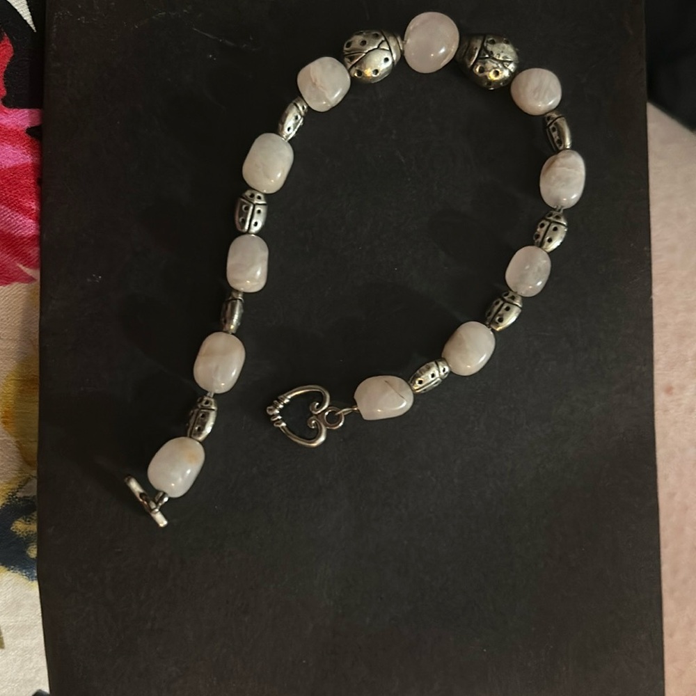 Rose quartz and sterling silver beads with a heart toggle closure
